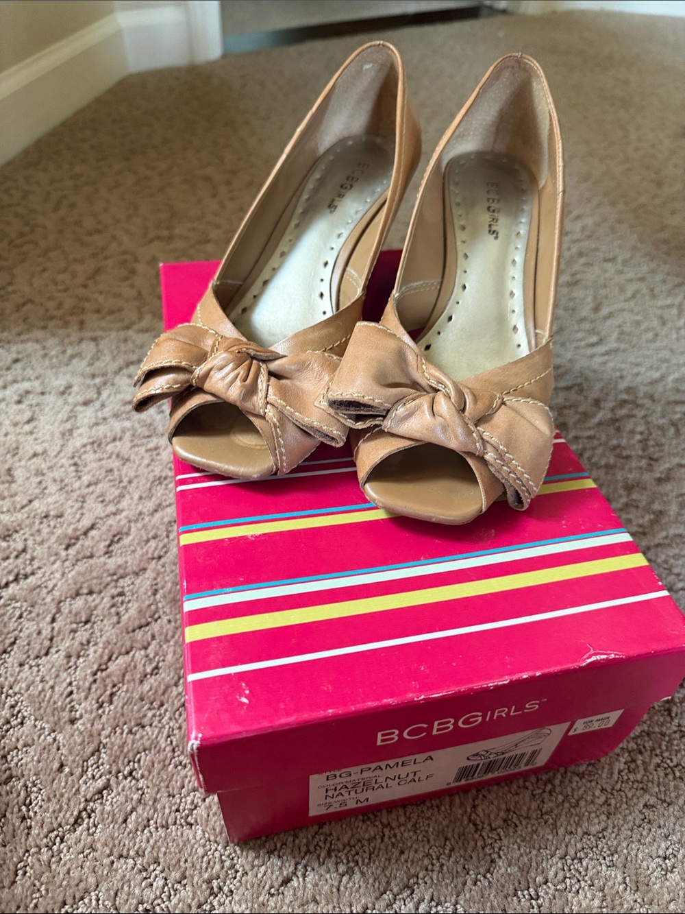 BCBGirls Tan Peep-Toe Bow Heels
